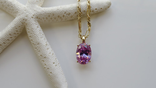 14KT Yellow Gold Oval Shaped Genuine Amethyst Pendant