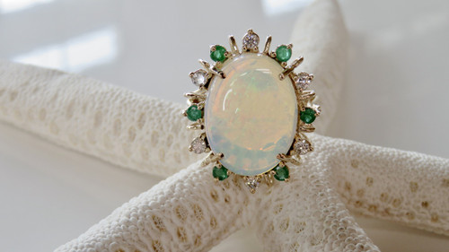 SALE - 14KT Yellow Gold Opal with Diamond and Emerald Halo Ring