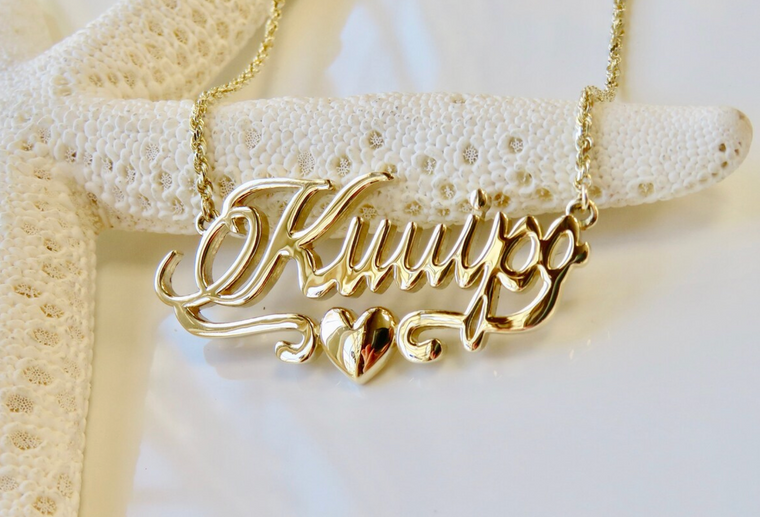 14KT Personalized Script Cutout Name with Heart Design Necklace  | Price Varies Based on Length