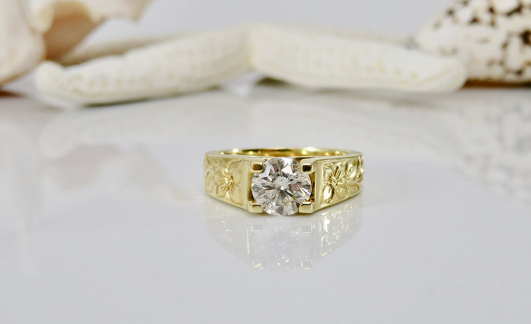 18KT Yellow Gold Hawaiian Heirloom, Prong Set 1.22CT Diamond Engagement Ring