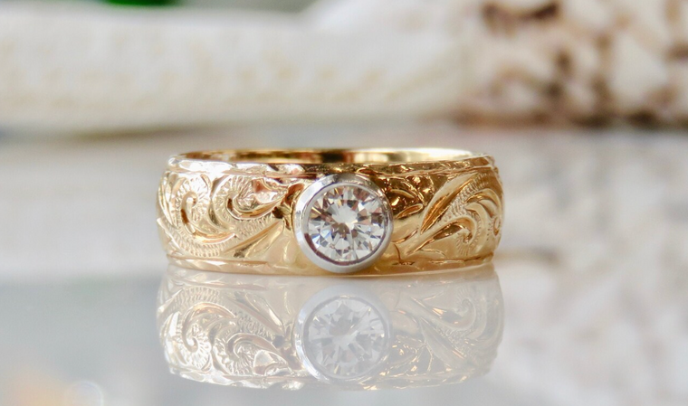 14KT Hawaiian Heirloom 0.25CT Round Brilliant Cut Diamond Ring