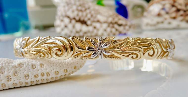 14KT 3D Personalized 8MM Tiare Flower Scroll Bracelet  |  Price Varies Based on Size