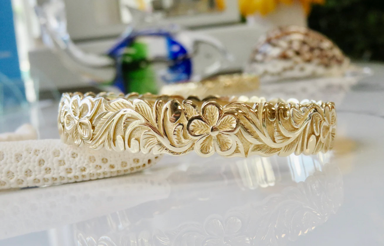 14KT 3D Personalized 12MM Plumeria Scroll Bracelet (Scalloped or Straight Edge)  |  Price Varies Based on Size