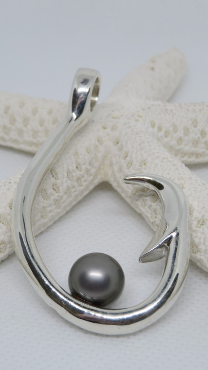 Sterling Silver + Platinum  Hook with Pearl Pendant (Hidden Bail)