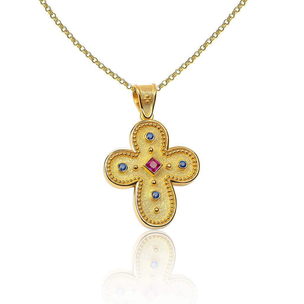 アクセサリー Rubi Ruby Sapphires Byzantine Gold Greek Orthodox Cross - DAPERIS