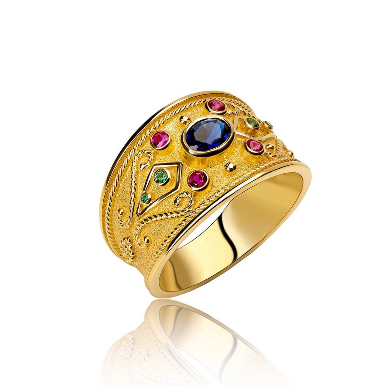 Sapphire Ruby Tsavorite Byzantine Gold Ring