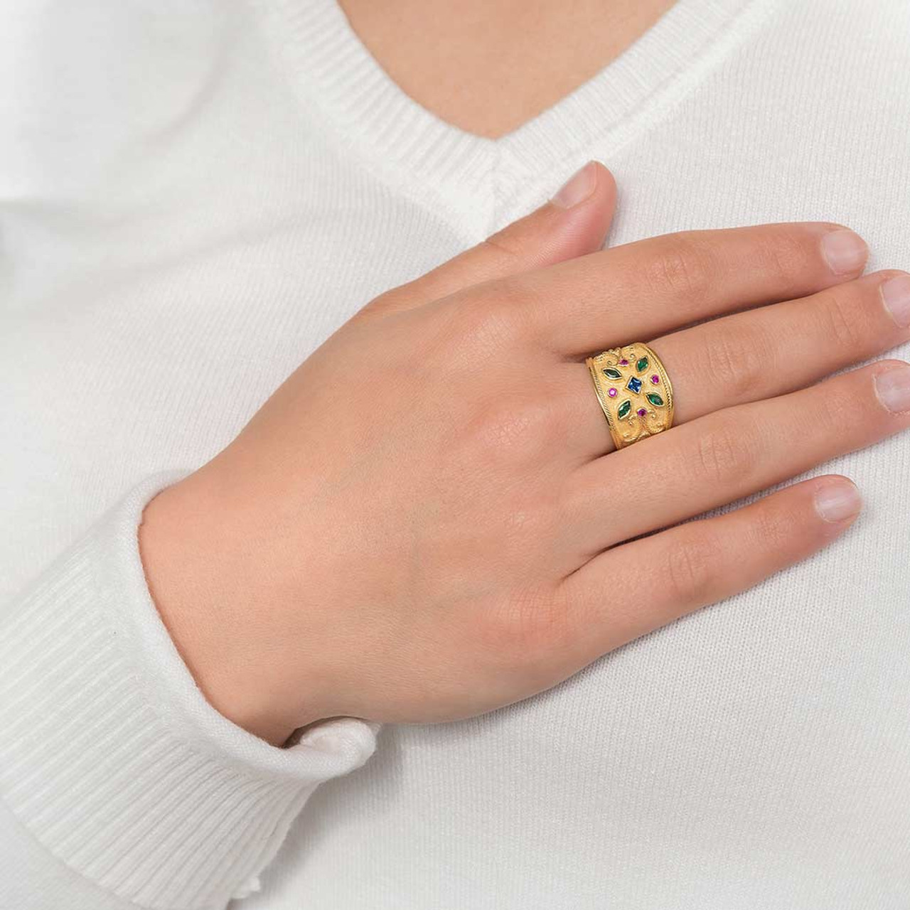 Multi Stone Yellow Gold Byzantine Ring