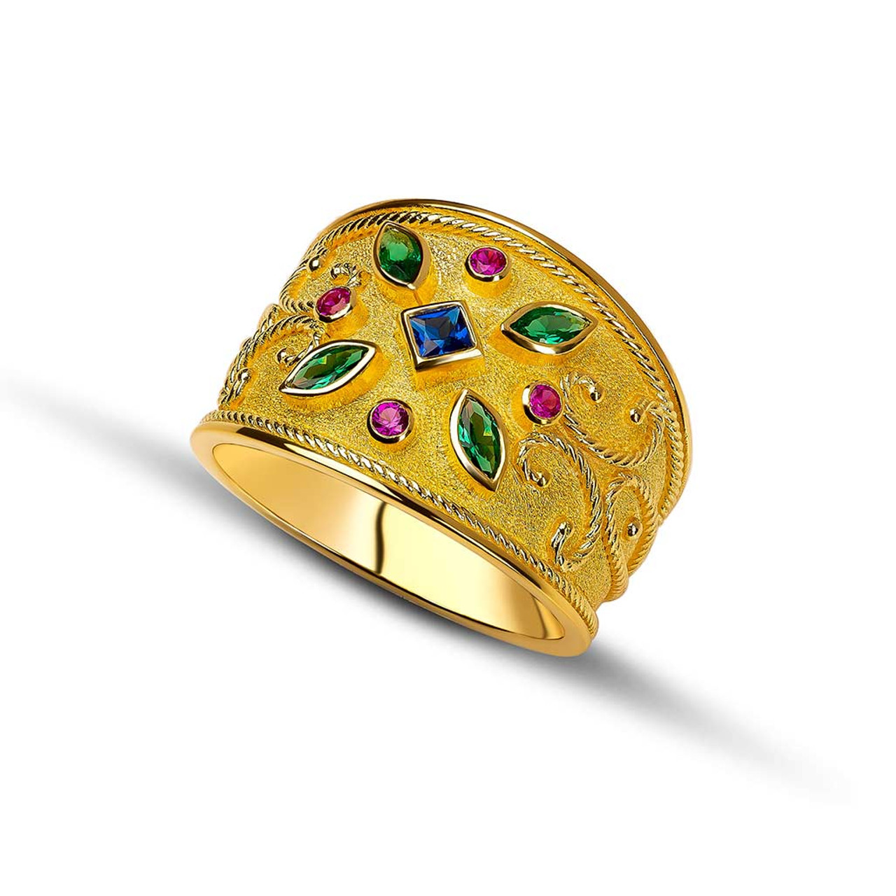 Multi Stone Yellow Gold Byzantine Ring