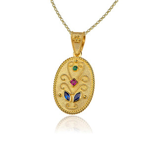 Oval Byzantine Yellow Gold Natural Gemstone Pendant
