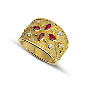 Navette Rubies Diamonds Byzantine Gold Ring Navette Rubies Diamonds Byzantine Gold Ring