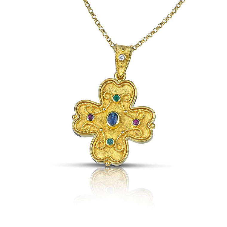 18K Gold Diamond Sapphire Ruby Emerald Byzantine Cross