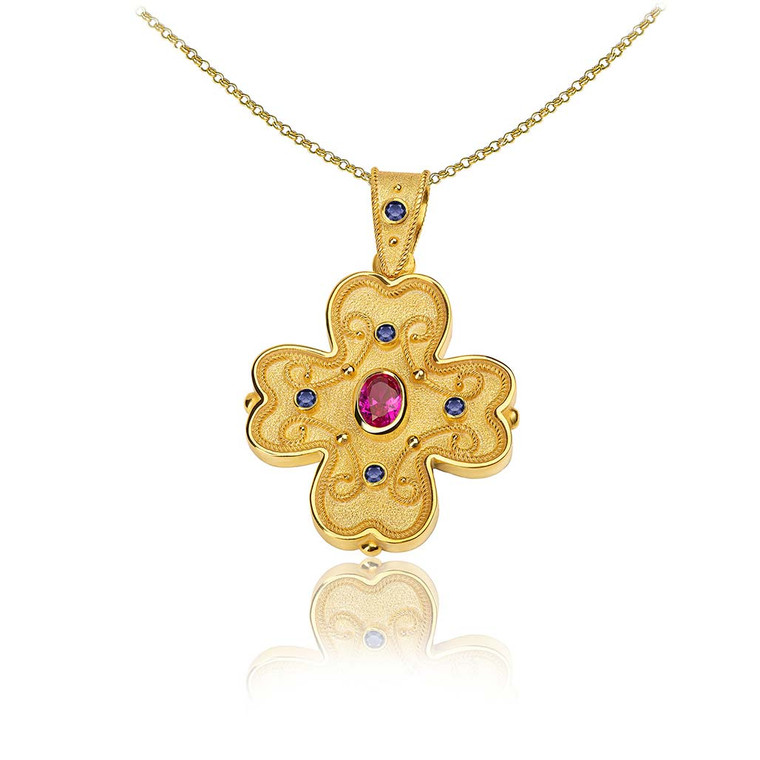 Byzantine Ruby Sapphire Yellow Gold Cross