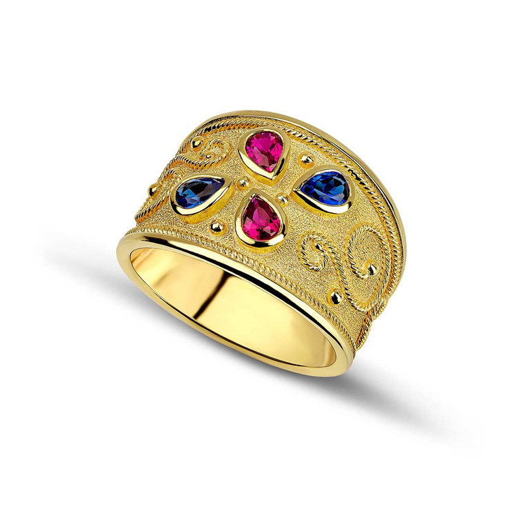 Rubies Sapphires Pear Cut Byzantine Gold Ring