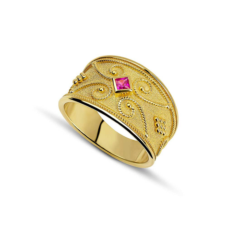 Princess Cut Ruby Byzantine Gold Ring