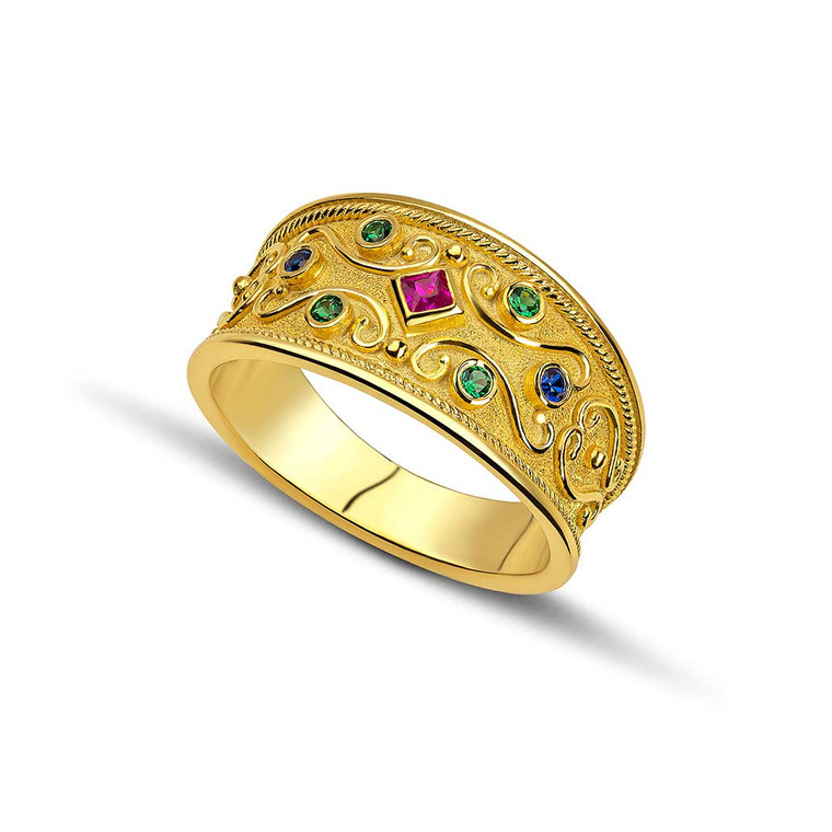 Multi Stone Byzantine Yellow Gold Ring