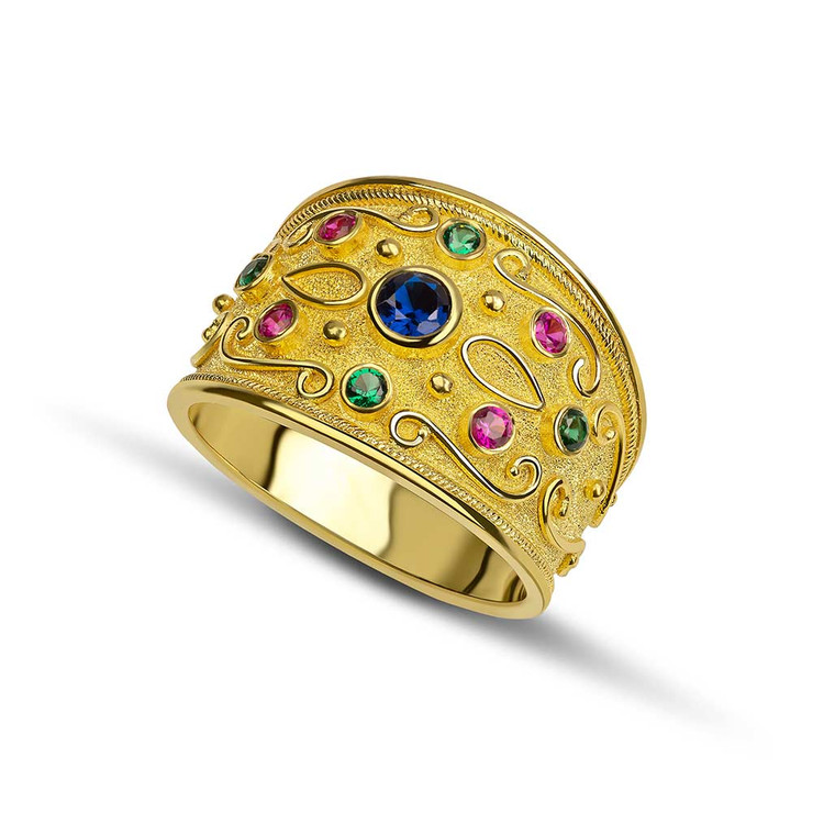 Wide Multi Stone Byzantine Gold Ring