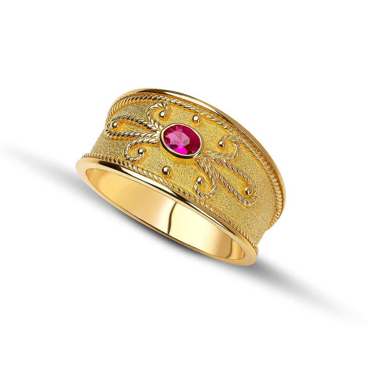 Oval Ruby Yellow Gold Byzantine Ring
