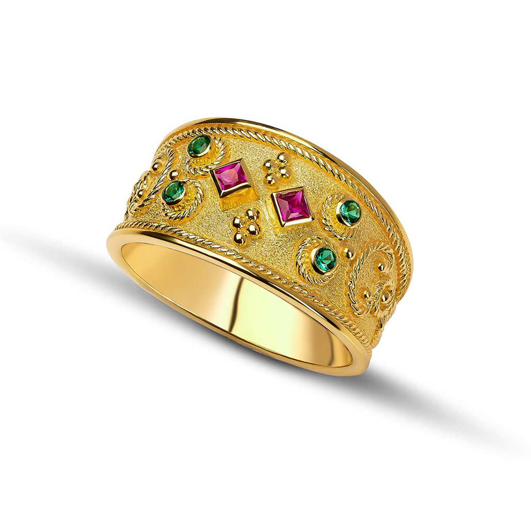 Ruby Emerald Yellow Gold Byzantine Ring