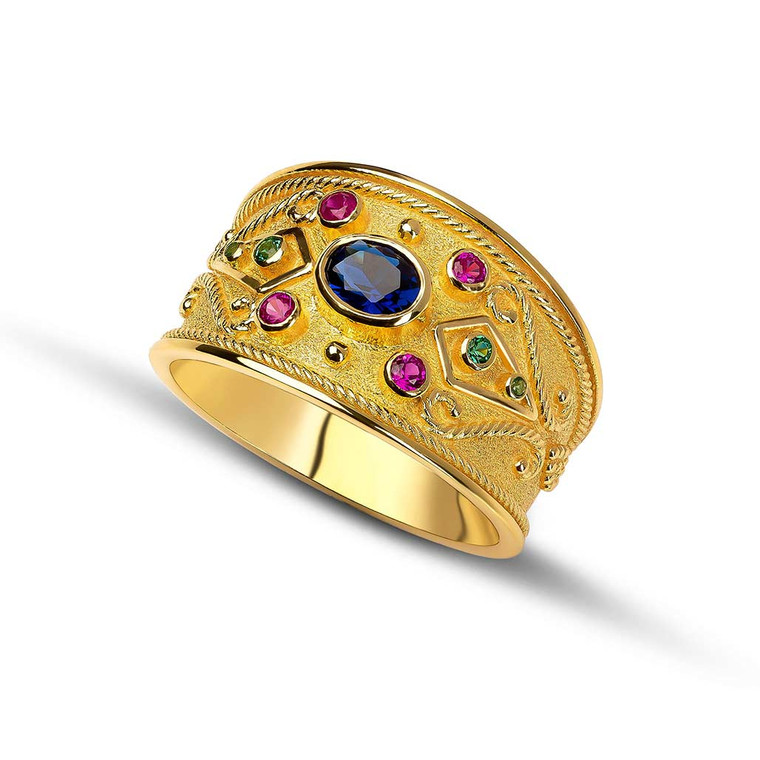 Sapphire Ruby Tsavorite Byzantine Gold Ring