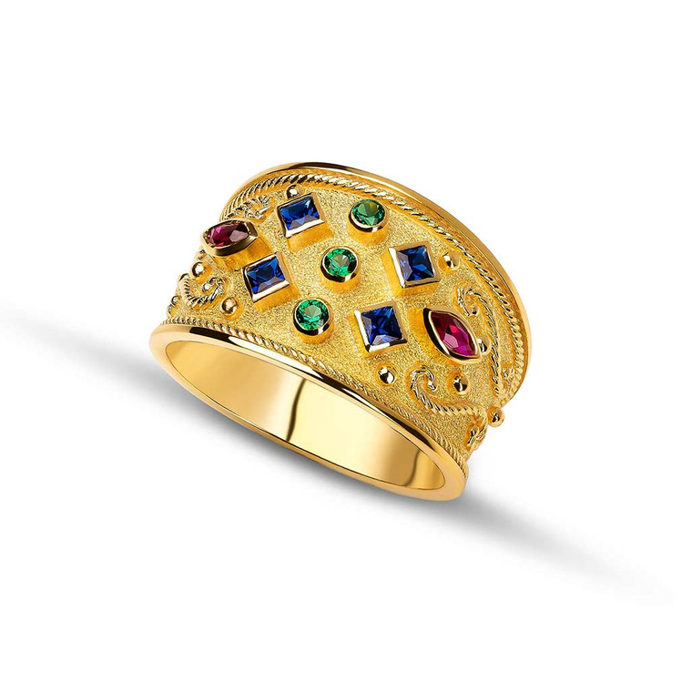 Multi Color Multi Stone Yellow Gold Byzantine Ring