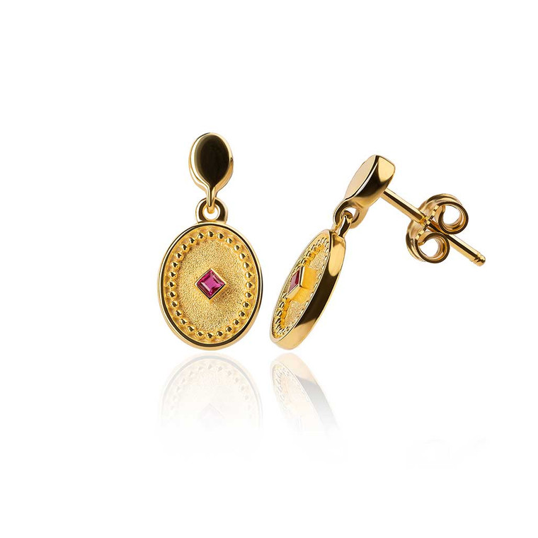 Princess Cut Drop Rubies Byzantine Gold Earrings