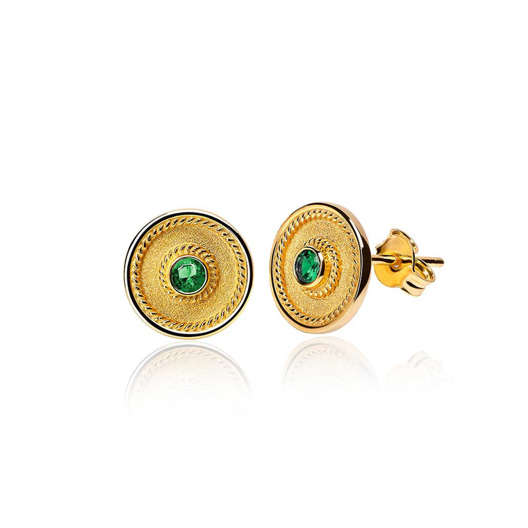 Round Emerald Gold Byzantine Earrings