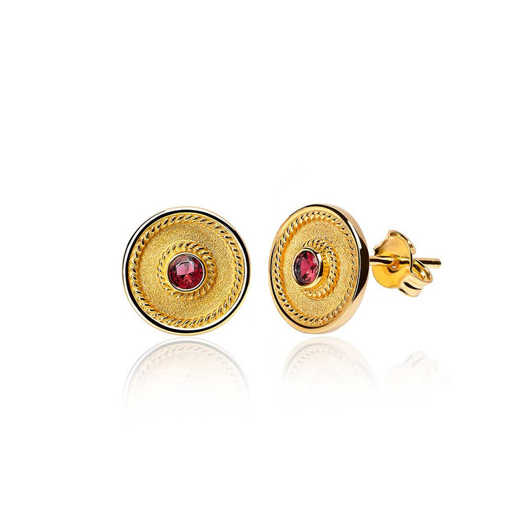 Round Ruby Gold Byzantine Earrings