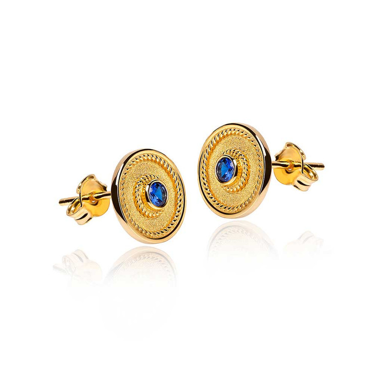 Round Blue Sapphire Gold Byzantine Earrings