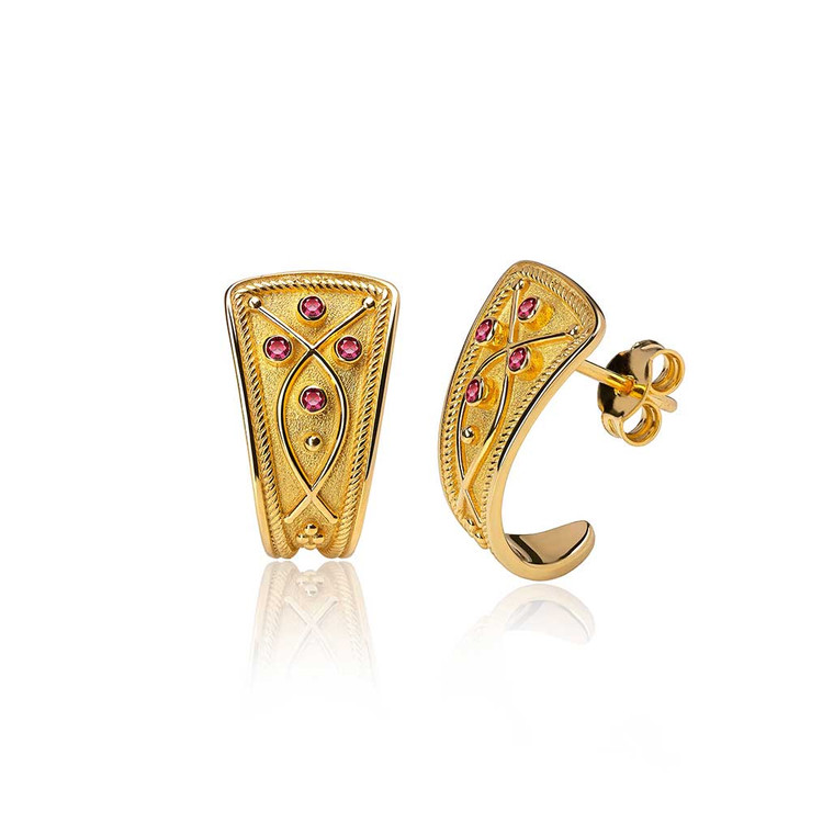 Huggie Ruby Byzantine Gold Earrings