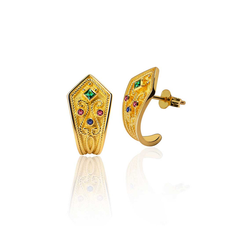 Huggie Multi Gemstone Byzantine Gold Earrings