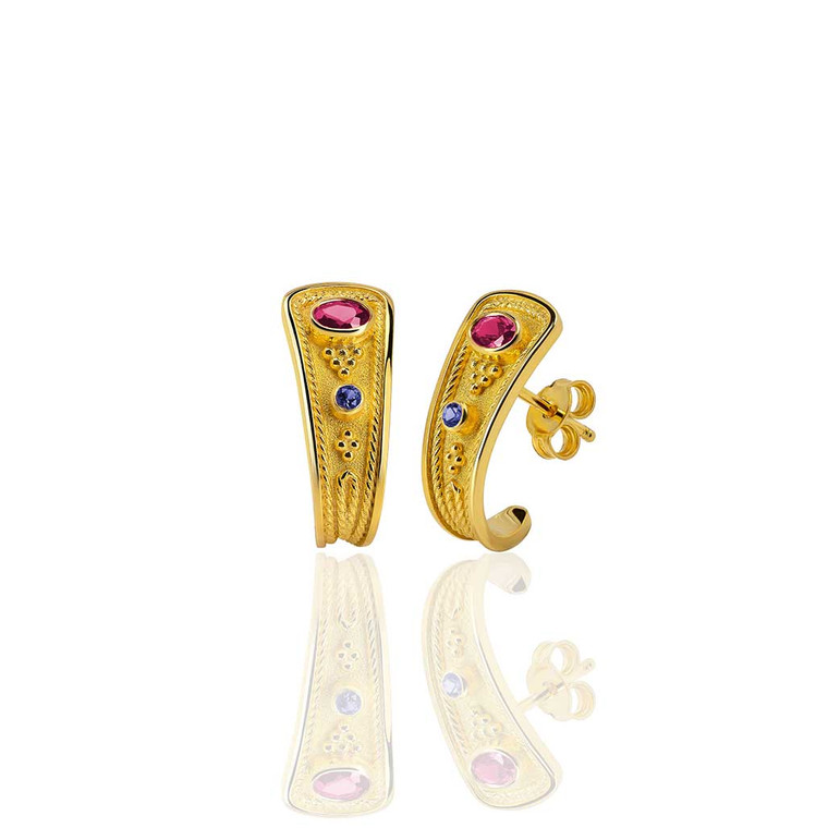 Hoop Ruby Sapphire Byzantine Gold Earrings