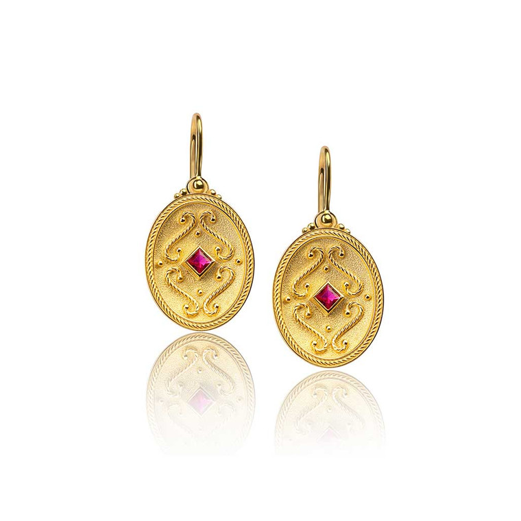 Princess Cut Rubies Byzantine Gold Earrings