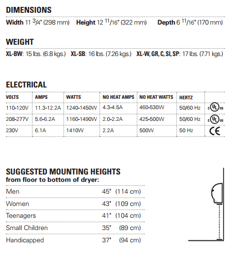 XL-GR Xlerator hand dryer specification chart for review