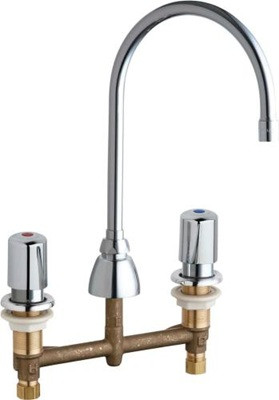 Chicago Faucets 786-E35-765ABCP Concealed Hot and Cold Water Sink Faucet, 8" Fixed Centers, 5-1/4" Gooseneck Spout, 1.5 GPM Softflo Aerator, 2" MVP Metering Push Handles