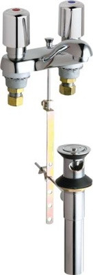 Chicago Faucets 797-765ABCP Hot and Cold Water Sink Faucet with Pop-up Waste, 4" Fixed Centers, 2.2 GPM Softflo Aerator, 2" MVP Metering Push Handle
