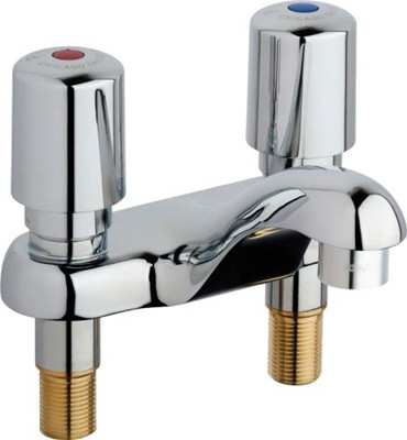Chicago Faucets 802-V765ABCP Hot and Cold Water Metering Sink Faucet, 4" Fixed Centers, 2.2 GPM Vandal Proof Softflo Aerator, 2" Push Handle