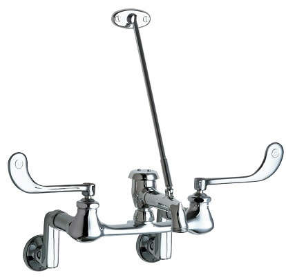 Chicago Faucets 814-897-7KCP Hot and Cold Water Sink Faucet, 8" Body, Adjustable Arms 3" - 13", 8-7/8" Rigid Spout with Pail Hook and Wall Brace, 6" Elbow Blade Handles