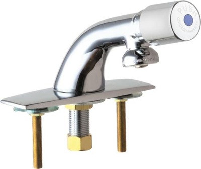 Chicago Faucets 857-E2805-765PSHAB Single Supply Metering Sink Faucet, 4" Fixed Centers, 4-1/8" Integral Spout, 0.5 GPM Econo-Flo Non-Aerating Spray, 2" MVP Metering Push Handle