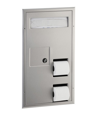 Bobrick B-35715 ClassicSeries Partition Mounted Combination, Seat-Cover, Sanitary Napkin, Toilet Tissue Dispenser, Satin Finish