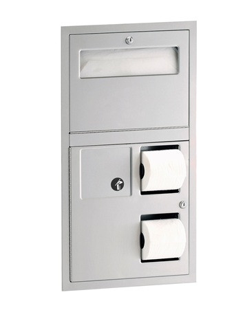 Bobrick B3574 Seat-Cover Dispenser, Sanitary Napkin Disposal and Toilet Tissue Dispenser, Recessed