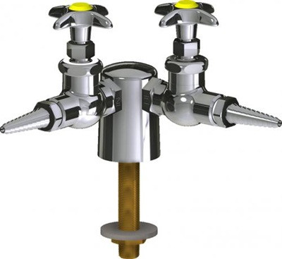 Chicago Faucets LGN1-A11B-20 Turret with Two Needle Valves at 90 Degrees, Full Flow Laboratory Serrated Nozzle, 2-1/2" Cross Handle with VAC Index Button