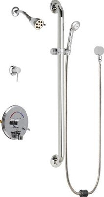 Chicago Faucets SH-PB4-31-024 Tub and Shower System, Pressure Balancing with Auto Drain, 2.5 GPM Shower Head with Adjustable Spray Pattern, Auto Drain Hose and 2.5 GPM Hand Spray, 36" Wall Mounted ADA Grab Bar with Hand Spray Holder