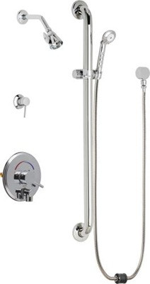 Chicago Faucets SH-PB4-36-024 Tub and Shower System, Pressure Balancing with Auto Drain, 2.5 GPM Shower Head with Adjustable Spray Pattern, Auto Drain Hose and 2.5 GPM Hand Spray, 36" Wall Mounted ADA Grab Bar with Hand Spray Holder