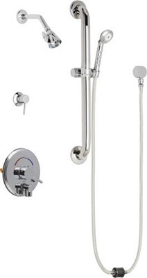 Chicago Faucets SH-PB4-36-053 Tub and Shower System, Pressure Balancing with Auto Drain, 2.5 GPM Shower Head with Adjustable Spray Pattern, Auto Drain Hose and 1.5 GPM Hand Spray, 24" Wall Mounted ADA Grab Bar with Hand Spray Holder