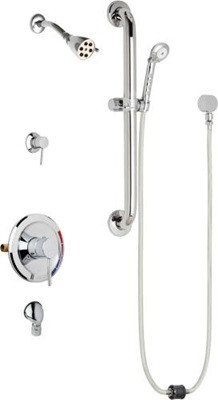 Chicago Faucets SH-PB5-31-033 Tub and Shower System, Pressure Balancing with Auto Drain, 2.5 GPM Shower Head with Adjustable Spray Pattern, Auto Drain Hose and 2.5 GPM Hand Spray, 24" Wall Mounted ADA Grab Bar with Hand Spray Holder