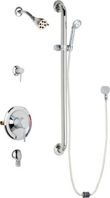 Chicago Faucets SH-PB5-31-034 Tub and Shower System, Pressure Balancing with Auto Drain, 2.5 GPM Shower Head with Adjustable Spray Pattern, Auto Drain Hose and 2.5 GPM Hand Spray, 36" Wall Mounted ADA Grab Bar with Hand Spray Holder