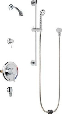 Chicago Faucets SH-PB5-33-041 Tub and Shower System, Pressure Balancing with Auto Drain, 1.5 GPM Shower Head with Swivel Ball Joint, Auto Drain Hose and 1.5 GPM Hand Spray, 24" Wall Mounted Slide Bar with Hand Spray Holder