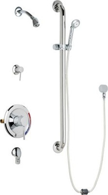 Chicago Faucets SH-PB5-33-054 Tub and Shower System, Pressure Balancing with Auto Drain, 1.5 GPM Shower Head with Swivel Ball Joint, Auto Drain Hose and 1.5 GPM Hand Spray, 36" Wall Mounted ADA Grab Bar with Hand Spray Holder