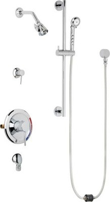 Chicago Faucets SH-PB5-37-051 Tub and Shower System, Pressure Balancing with Auto Drain, 1.5 GPM Shower Head with Adjustable Spray Pattern, Auto Drain Hose and 1.5 GPM Hand Spray, 24" Wall Mounted Slide Bar with Hand Spray Holder