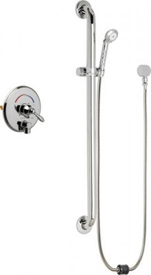 Chicago Faucets SH-TP4-00-064 Tub and Shower System with Pressure Balancing Valve and Auto Drain, 1.75 GPM Hand Spray with Two 34" Stainless Steel Hoses, 36" Wall Mounted ADA Grab Bar with Hand Spray Holder